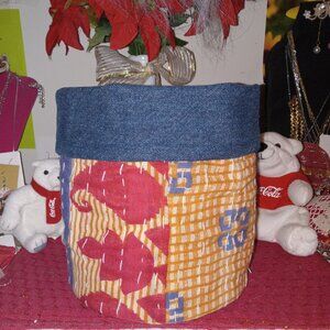 Kantha & Denin Basket/Flower Pot Navy Red Tan Reversible Handmade BP6.